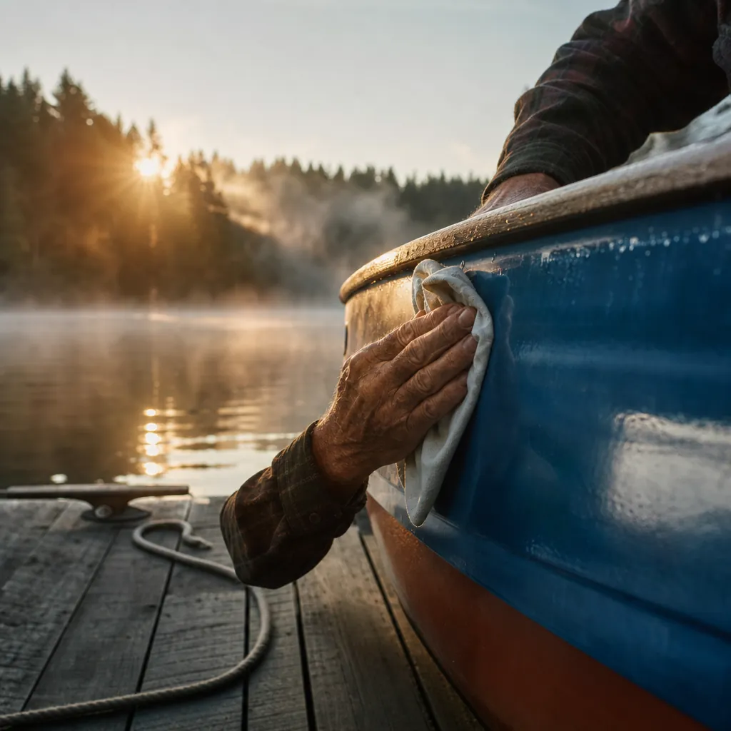 A close-up of a pair of weathered hands buffing a deep-blue fiberglass boat hull with a white polishing cloth on a crisp