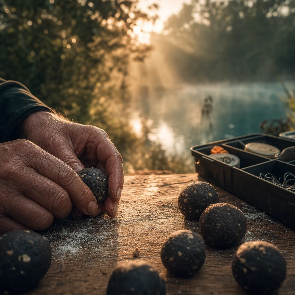 A close-up of a pair of weathered hands rolling dark dough into tight round balls on a flour-dusted wooden surface besid