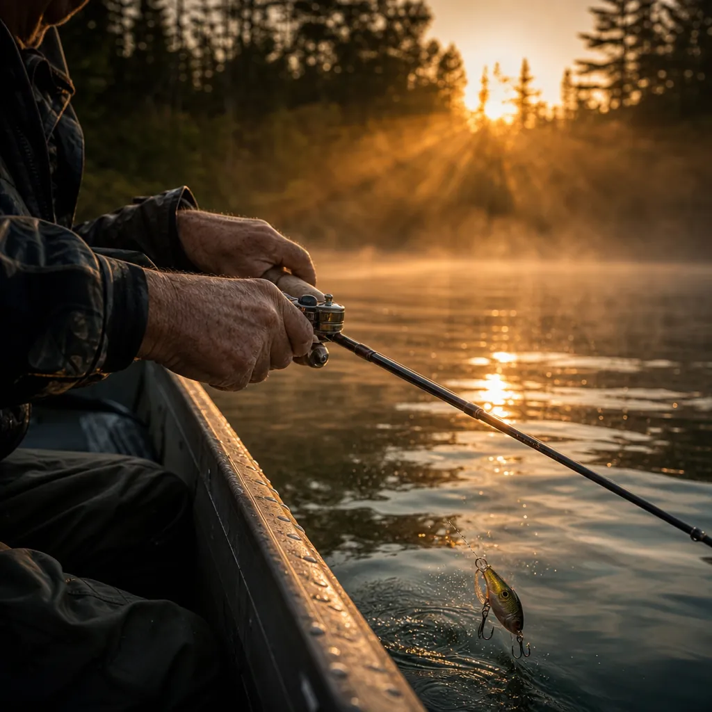 Close-up of weathered hands holding a fishing rod over the gunwale of a aluminum boat, a crankbait lure just breaking th