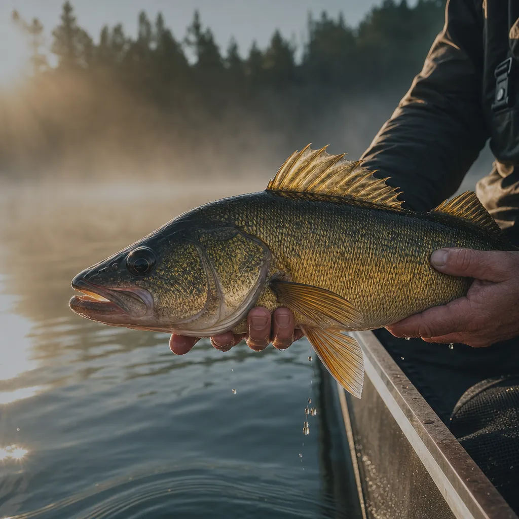Close-up of a walleye being carefully held over the gunwale of an aluminum boat, its golden-green scales catching the lo