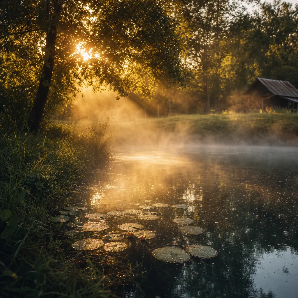 A close-up view along the grassy bank of a small farm pond, with sunlight filtering through overhanging tree branches an