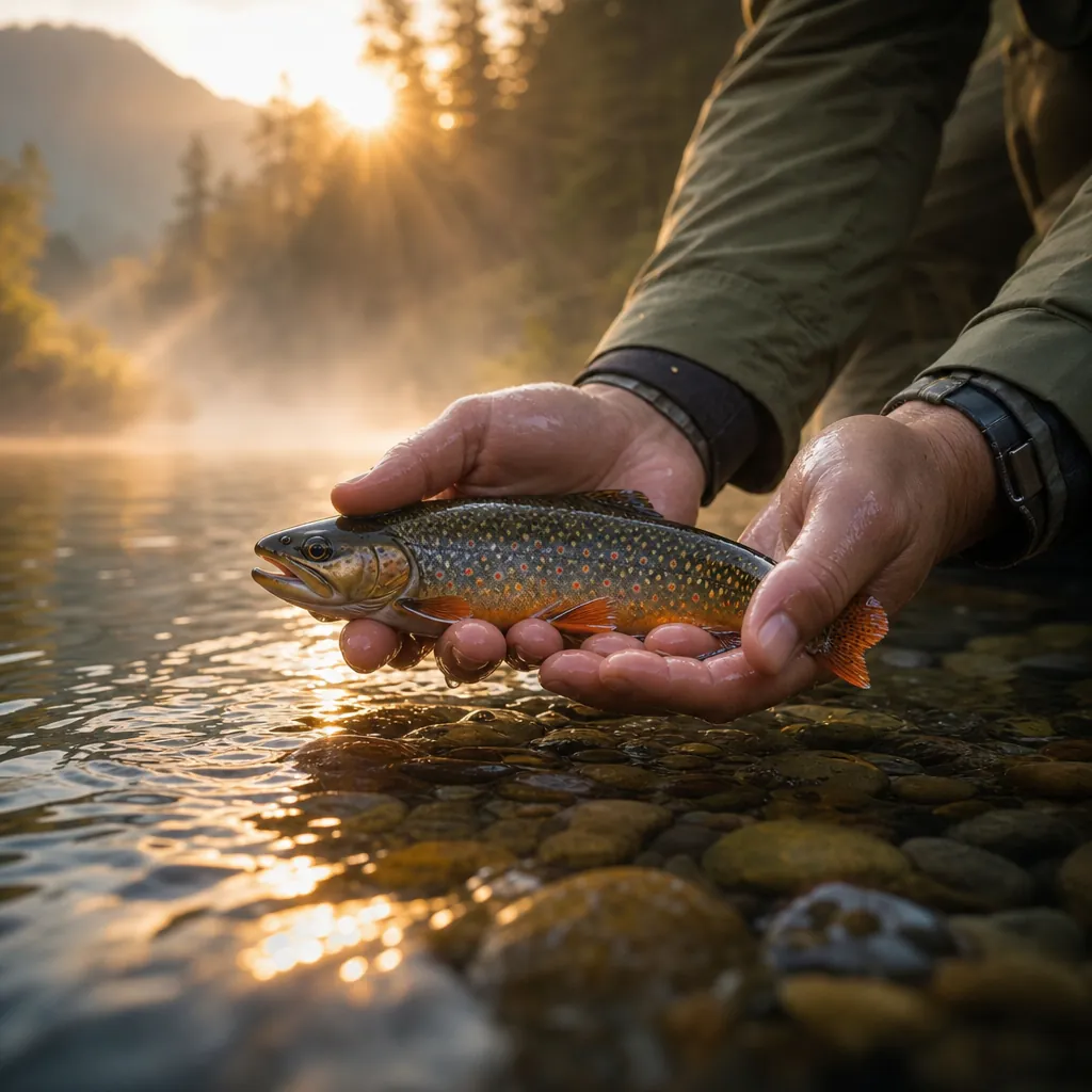 A close-up of a pair of wet hands gently cradling a small, brilliantly colored brook trout just above the surface of a c