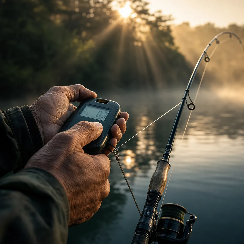 Close-up of a angler's weathered hands holding a compact digital scale connected by fishing line to a spinning rod bent 