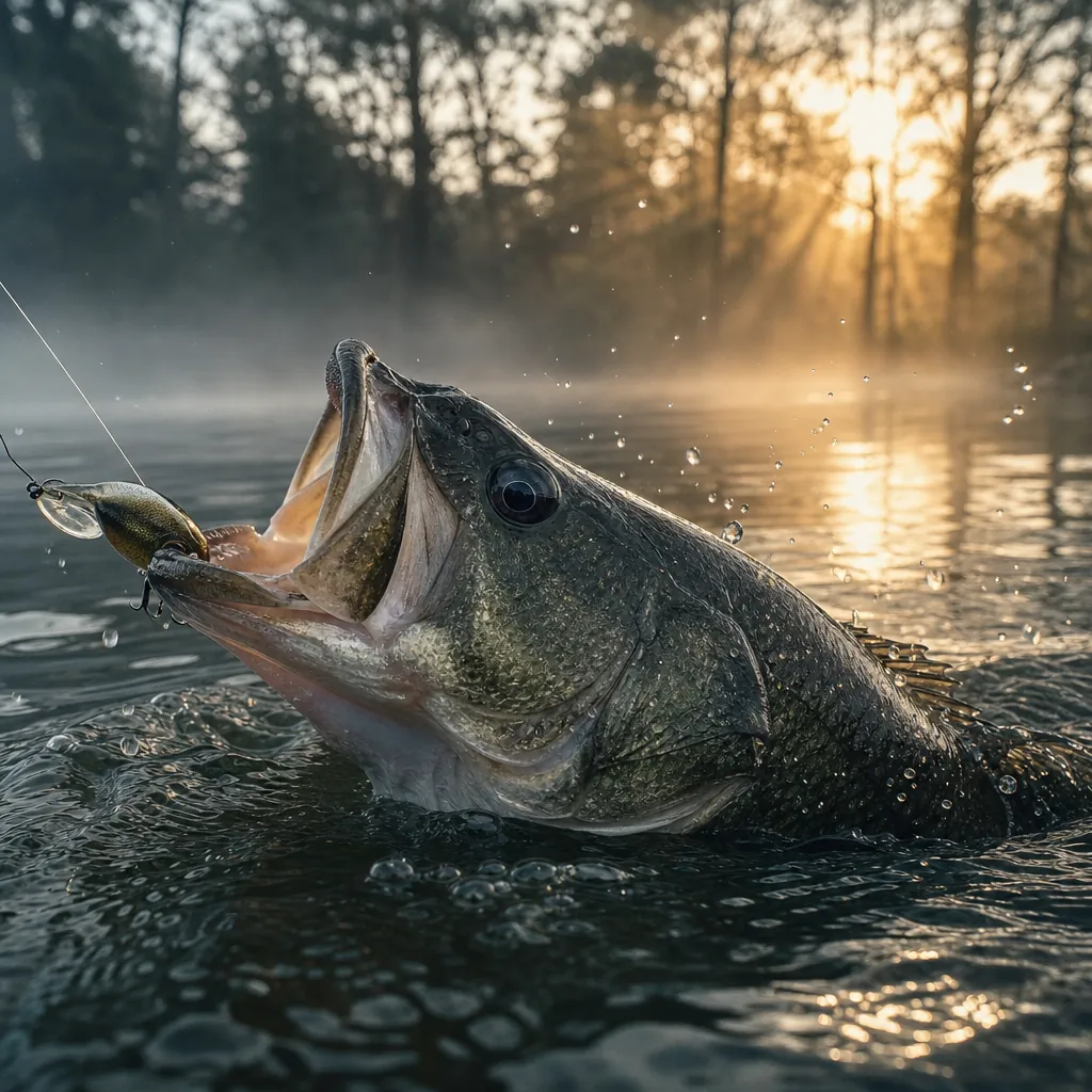 A close-up of a largemouth bass breaking the surface of a murky green lake, water droplets frozen in mid-air around the