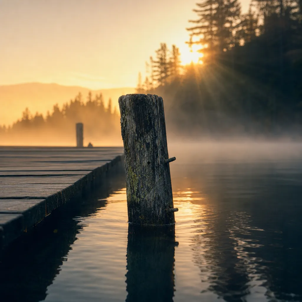 A close-up, low-angle view of a weathered wooden dock post emerging from still lake water at dawn, with subtle ripples a