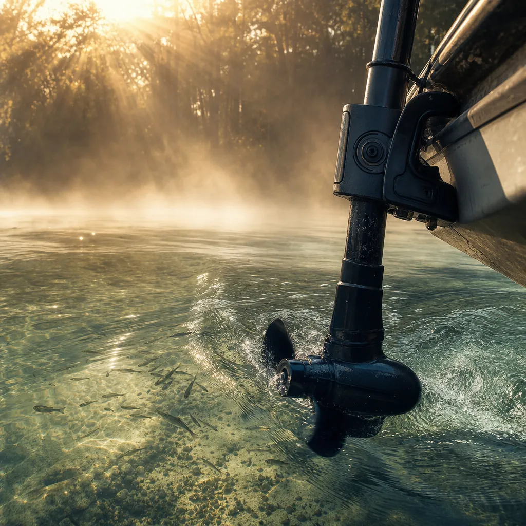 A close-up of a trolling motor prop churning through clear, shallow water over a sandy bottom, small fish darting away i