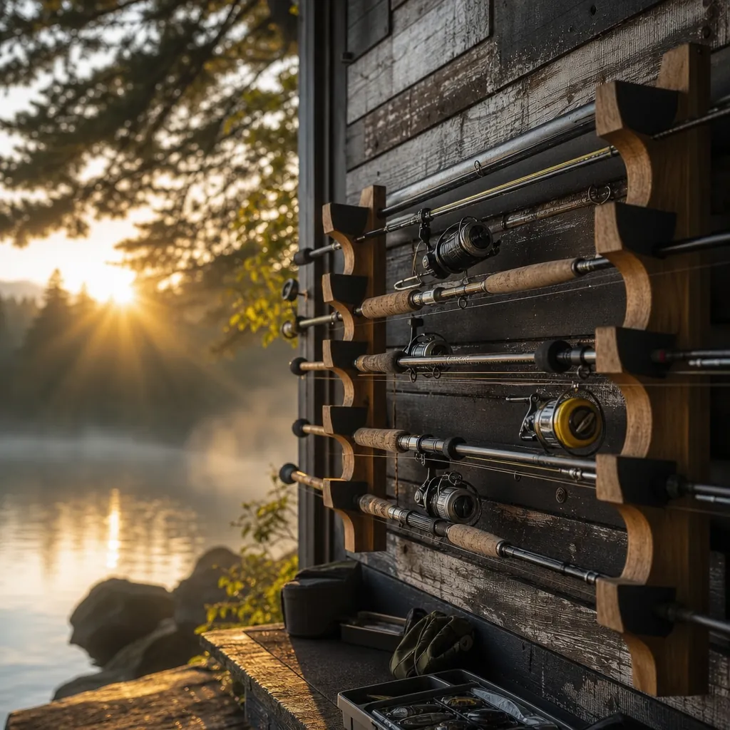 A close-up view of a neatly organized wooden rod rack mounted on a weathered garage wall, with multiple fishing rods of