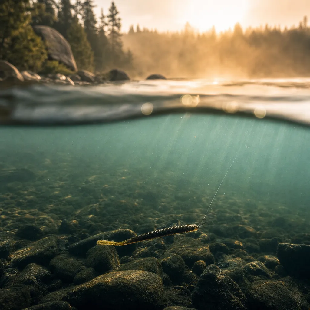 An underwater-angle view of a soft plastic worm suspended just above a rocky lake bottom, sunlight filtering down throug