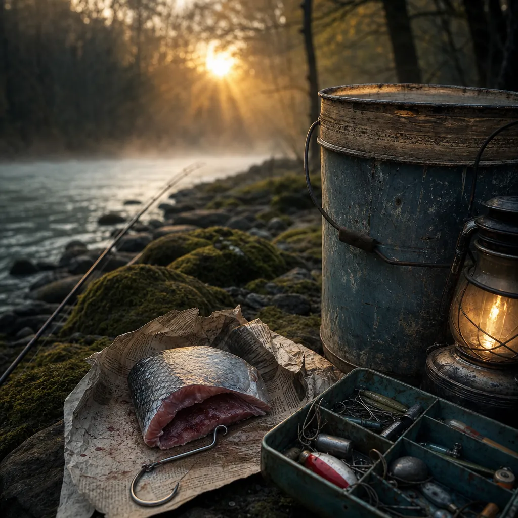 A close-up of a weathered fishing bucket on a mossy riverbank at night, illuminated by a lantern's warm glow, with a wor