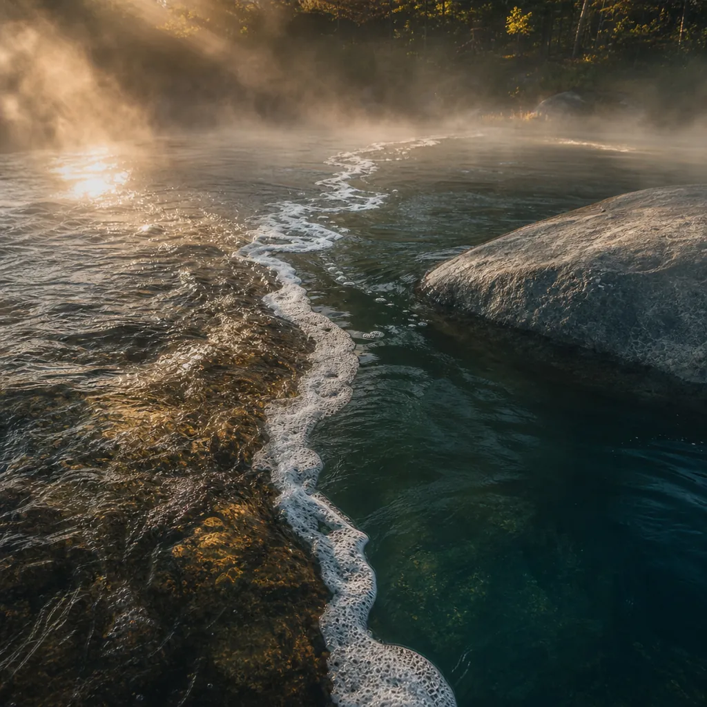 A close-up overhead view of a clear river seam where fast amber-tinted water collides with a slow dark eddy behind a sub