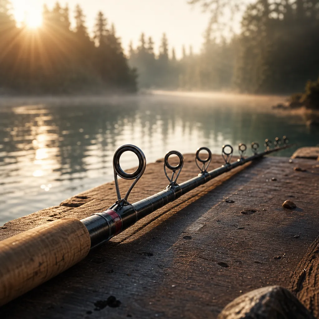 A close-up overhead view of a fishing rod laid flat on a wooden workbench, guides facing upward in a row, warm workshop