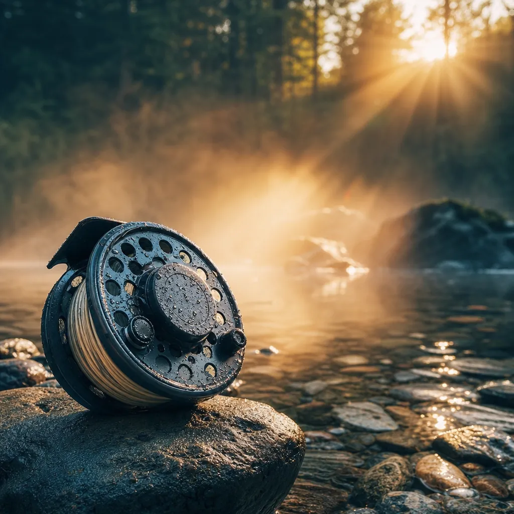A close-up of a fly reel resting on a smooth river boulder, droplets of water clinging to its spool, with a blurred gree
