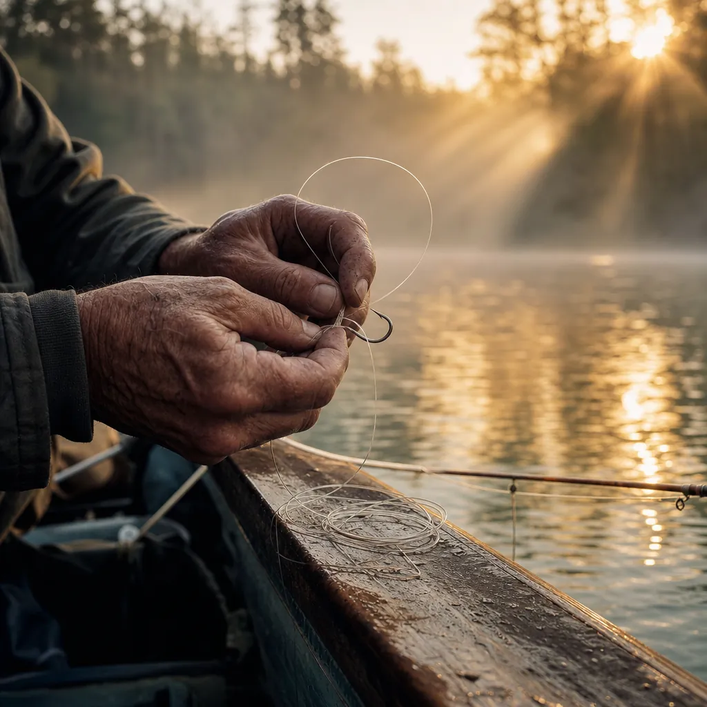 A close-up of weathered hands tying a fishing knot over a wooden boat gunwale, the coiled fluorocarbon line catching the